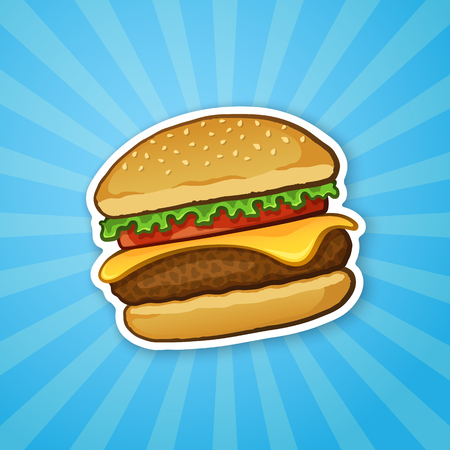 Vector illustration. Hamburger with cheese, tomato and salad. Unhealthy food. Sticker in cartoon style with contour. Decoration for patches, prints for clothes, badges, posters, emblems, menusのイラスト素材