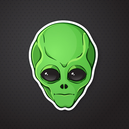 Vector illustration. Head of the alien with green skin. Sticker in cartoon style with contour. Decoration for greeting cards, patches, prints for clothes, badges, posters, emblemsのイラスト素材