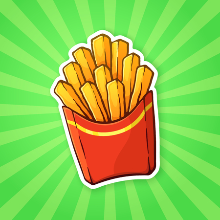 French fries in a paper red pack on a background with rays. Unhealthy food. Sticker in cartoon style with contour. For patches, prints for clothes, badges, posters, emblems, menusのイラスト素材