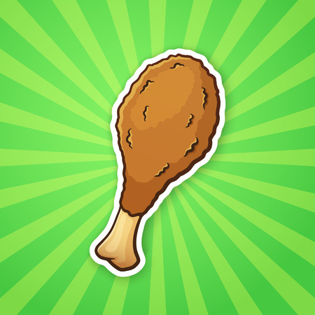 Deep-fried chicken leg. Unhealthy and fast food. Sticker in cartoon style with contour. Decoration for greeting cards, patches, prints for clothes, badges, posters, menusのイラスト素材
