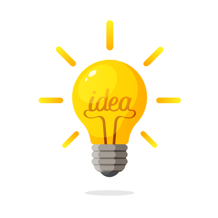 Vector illustration. Light bulb with the word of idea and rays shine. Decoration for greeting cards, prints for clothes, postersのイラスト素材