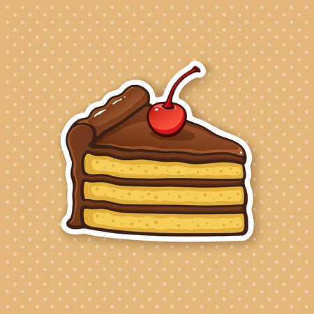 Vector illustration. A piece of cake with chocolate cream and glaze and cherry top. Sticker in cartoon style with contour. Decoration for greeting cards, patches, prints for clothes, badges, posters, menusのイラスト素材
