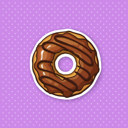 Vector illustration. Donut with chocolate glaze and caramel. Sticker in cartoon style with contour.のイラスト素材