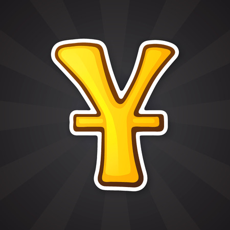 Vector illustration. Golden yuan sign. The symbol of world currencies. Sticker in cartoon style with contour. Decoration for patches, prints for clothes, badges, posters, emblemsのイラスト素材