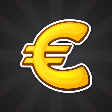 Vector illustration. Golden euro sign. The symbol of world currencies. Sticker in cartoon style with contour. Decoration for patches, prints for clothes, badges, posters, emblemsのイラスト素材
