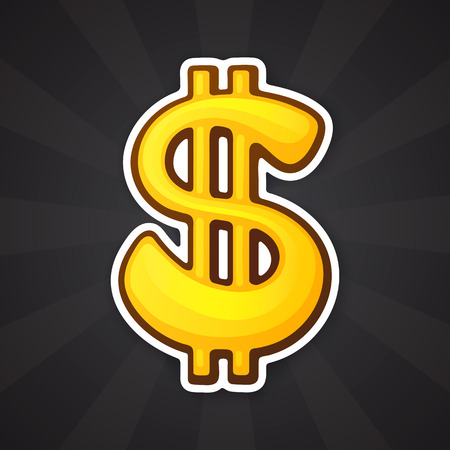 Vector illustration. Golden dollar sign with two vertical lines. The symbol of world currencies. Sticker in cartoon style with contour. Decoration for patches, prints for clothes, badges, posters, emblemsのイラスト素材