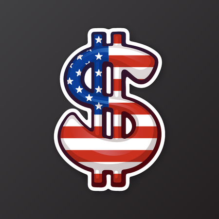 Vector illustration. Dollar sign in national flag colors with two lines. Symbol of world currencies. Sticker in cartoon style with contour. Decoration for patches, prints for clothes, badges, posters, emblemsのイラスト素材