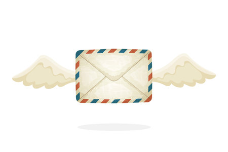 Vector illustration in cartoon style. Flying closed vintage mail envelope from old paper with wings. Not read incoming message. Decoration for greeting cards, prints for clothes, postersのイラスト素材
