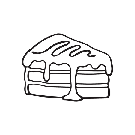 Vector illustration. Hand drawn doodle of a piece of cake with cream and syrup. Cartoon sketch.  Decoration for menus, signboards, showcases, greeting cards, wallpapersのイラスト素材