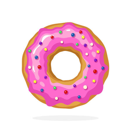 Vector illustration in cartoon style. Donut with pink glaze and colored sugar dragees. Decoration for menus, signboards, showcases, prints for clothes, posters, wallpapersのイラスト素材