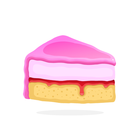 Vector illustration in cartoon style. ? piece of cake with pink glaze cream fondant and confiture. Decoration for menus, signboards, showcases, prints for clothes, posters, wallpapersのイラスト素材