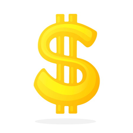 Vector illustration in flat style. Golden sign of dollar with two vertical lines. The symbol of world currencies. Decoration for menus, signboards, showcases, posters, wallpapers and interfacesのイラスト素材