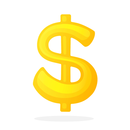 Vector illustration in flat style. Golden sign of dollar with one vertical line. The symbol of world currencies. Decoration for menus, signboards, showcases, posters, wallpapers and interfacesのイラスト素材