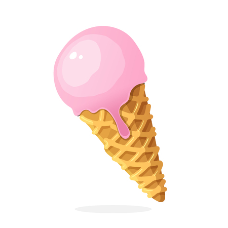 Vector illustration in cartoon style. Pink ball of ice cream in the waffle cone. Decoration for menus, signboards, showcases, prints for clothes, posters, wallpapersのイラスト素材