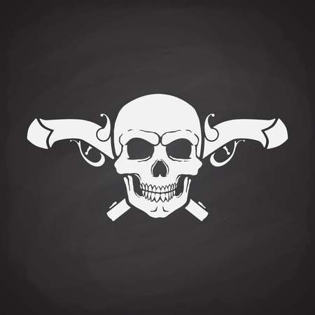 Silhouette of skull Jolly Roger with crossed pistols at the behind on a blackboardのイラスト素材