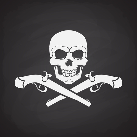 Silhouette of skull Jolly Roger with crossed pistols at the bottom on a blackboardのイラスト素材