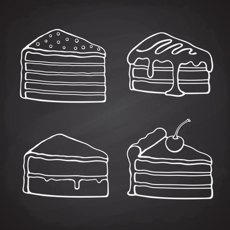 Hand drawn doodles of a piece of cakes with cream, glaze, fondant, confiture and cherry. Vector...