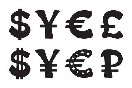 Sign of American dollar, European euro, Japanese yen and Chinese yuan, Russian ruble and British pound. Vector illustration set. Silhouettes signs of world currenciesのイラスト素材