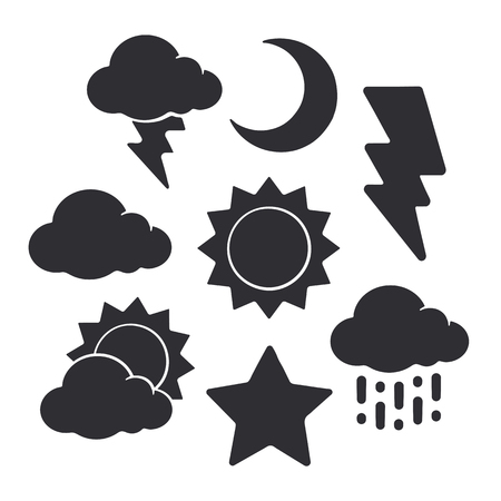 Silhouettes of weather symbols. Vector illustration set. Patterns of sun and crescent, star, cloud, rain and lightning. Isolated on white backgroundのイラスト素材
