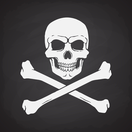 Silhouette of skull Jolly Roger with crossbones at the bottom on blackboard background. Vector illustration.のイラスト素材