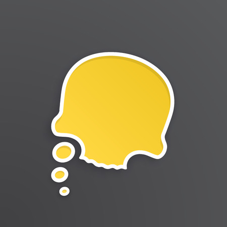 Vector illustration. Yellow comic speech bubble for thoughts at skull shape with white contour. Empty shape in flat style for chat dialogs. Isolated on black backgroundのイラスト素材