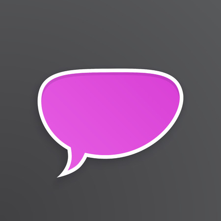 Vector illustration. Lilac comic speech bubble for talk crooked at oval shape with white contour. Empty shape in flat style for chat dialogs. Isolated on violet backgroundのイラスト素材