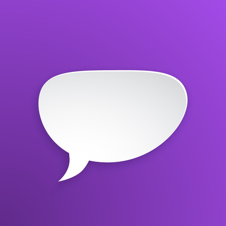 Vector illustration. Comic speech bubble for talk crooked at oval shape in paper version. Empty shape in flat style for chat dialogs. Isolated on violet backgroundのイラスト素材