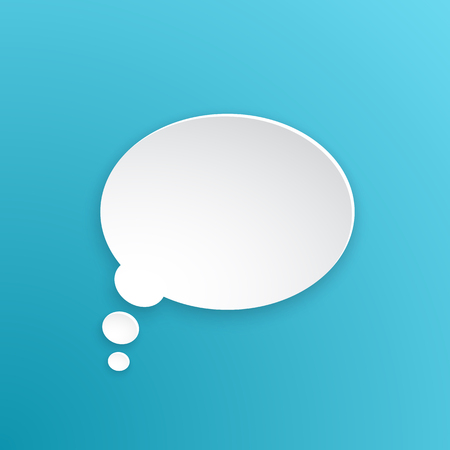Vector illustration. Comic speech bubble for thoughts at oval shape in paper version. Empty shape in flat style for chat dialogs. Isolated on turquoise backgroundのイラスト素材