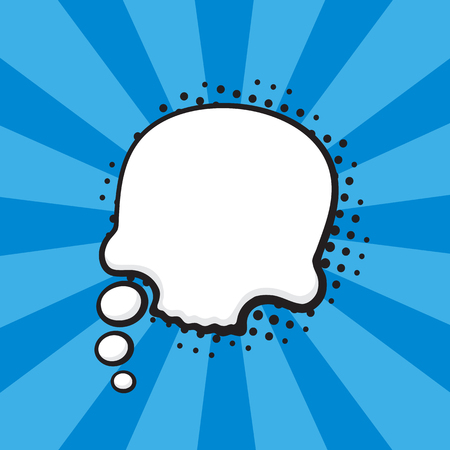 Vector illustration. Comic speech bubble of thoughts skull shape in pop art style. Empty element with contour for your dialogs. Isolated on blue background with raysのイラスト素材