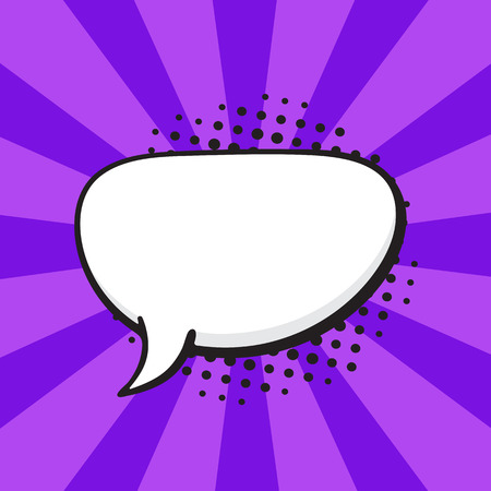 Vector illustration. Comic speech bubble of talk crooked oval shape in pop art style. Empty element with contour for your dialogs. Isolated on violet background with raysのイラスト素材