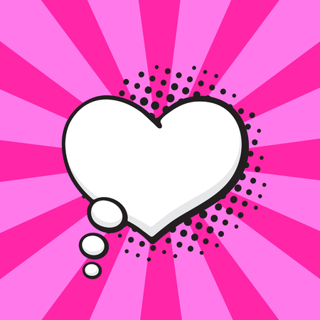 Vector illustration. Comic speech bubble of thoughts heart shape in pop art style. Empty element with contour for your dialogs. Isolated on pink background with raysのイラスト素材