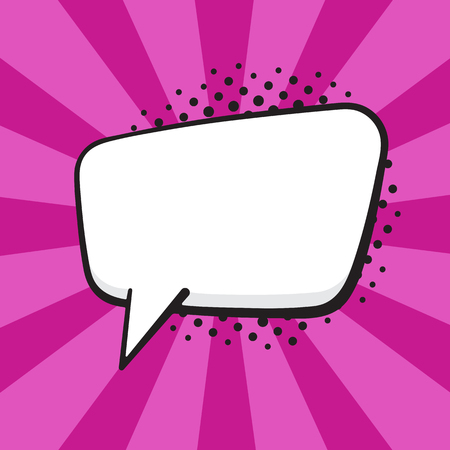 Vector illustration. Comic speech bubble of talk rectangular shape in pop art style. Empty element with contour for your dialogs. Isolated on purple background with raysのイラスト素材
