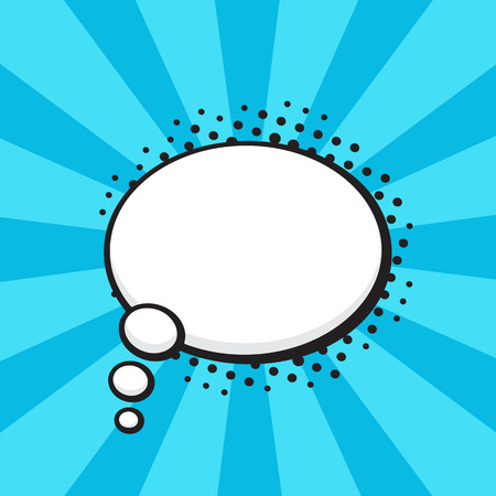 Vector illustration. Comic speech bubble of thoughts oval shape in pop art style. Empty element with contour for your dialogs. Isolated on turquoise background with raysのイラスト素材