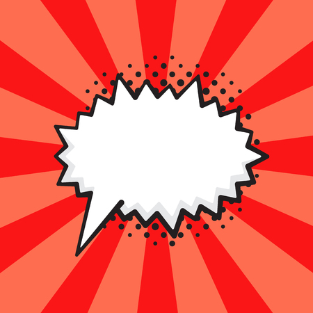 Vector illustration. Comic speech bubble of scream prickly shape in pop art style. Empty element with contour for your dialogs. Isolated on red background with raysのイラスト素材