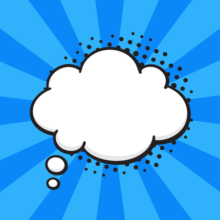 Vector illustration. Comic speech bubble of thoughts cloud shape in pop art style. Empty element with contour for your dialogs. Isolated on blue background with raysのイラスト素材