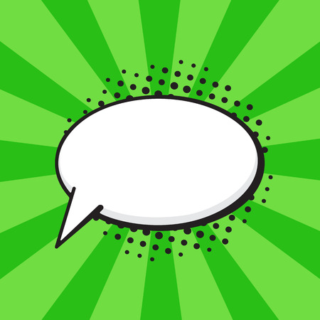 Vector illustration. Comic speech bubble of talk oval shape in pop art style. Empty element with contour for your dialogs. Isolated on green background with raysのイラスト素材
