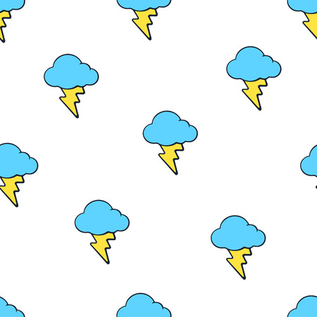Vector illustration. Seamless pattern with yellow electric lightning bolts and blue clouds on white background. Weather symbol. Pattern with contourのイラスト素材