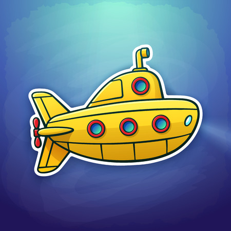 Vector illustration. Toy yellow submarine floating deep underwater. Sticker in cartoon style with contour. Yellow bathyscaphe with periscope and portholes. Isolated on dark blue backgroundのイラスト素材