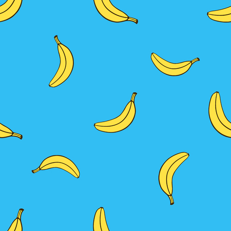 Vector illustration. Seamless pattern with falling yellow not peeled banana in pop art style on blue background. Healthy vegetarian food. Pattern with contourのイラスト素材