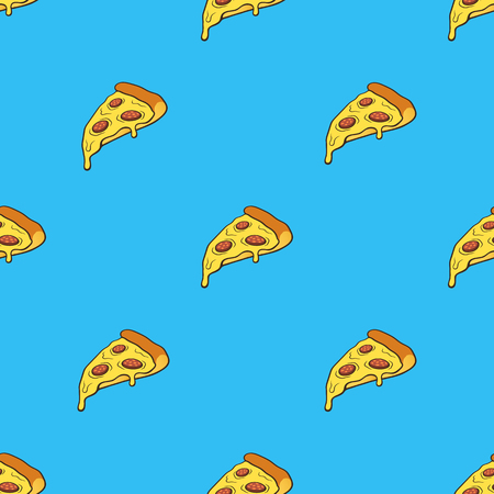 Vector illustration. Seamless pattern with pizza slice in pop art style on blue background. Fast food and italian cuisine. Pattern with contourのイラスト素材