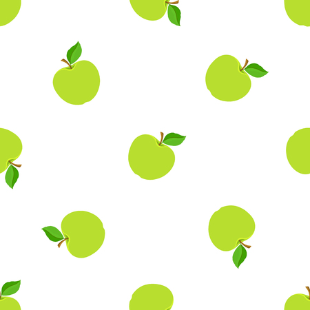 Vector illustration. Seamless pattern with falling green apples with stem and leaf on white background.のイラスト素材