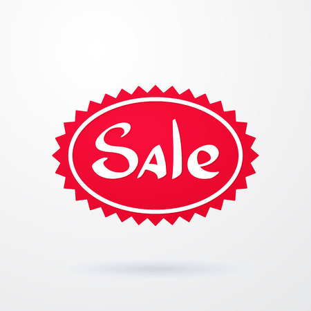 Vector illustration oval red tag of special offer sale with spiked contour. Discount price label. Sale promo marketing of advertising campaign in retail for shopping days. Isolated on white background.のイラスト素材