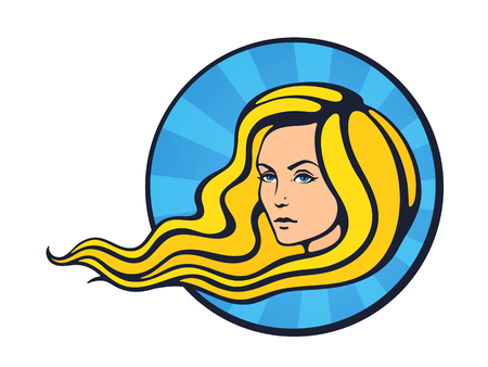 Beautiful woman with long blond hairs that fluttering on the wind in pop art style. Face of young pretty girl with curly hairs. Fashion and hairstyleのイラスト素材