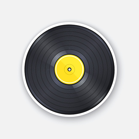 Vector illustration. Retro vinyl LP record with yellow label. Analog media for listening to mono or stereo music. Vintage plastic audio disc. Sticker with contour. Isolated on white backgroundのイラスト素材
