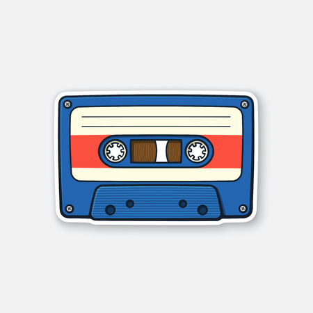Vector illustration. Retro audio cassette. Analog media for recording and listening to stereo music. Old-fashioned tape cassette. Sticker in cartoon style with contour. Isolated on white backgroundのイラスト素材