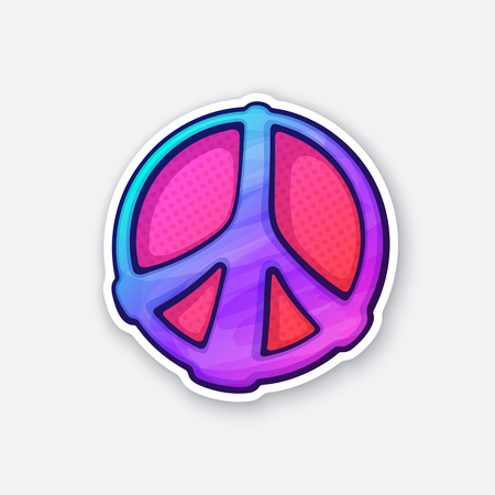 Vector illustration.  Sticker of hippies colorful symbol of peace. Sticker in cartoon style with contour. Sign of pacifism and freedom. Isolated on white backgroundのイラスト素材