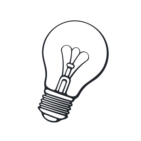 Vector illustration. Hand drawn doodle of light bulb. Energy and power sign of technology. Symbol of education, idea, inspiration and solution. Cartoon sketch. Isolated on white backgroundのイラスト素材