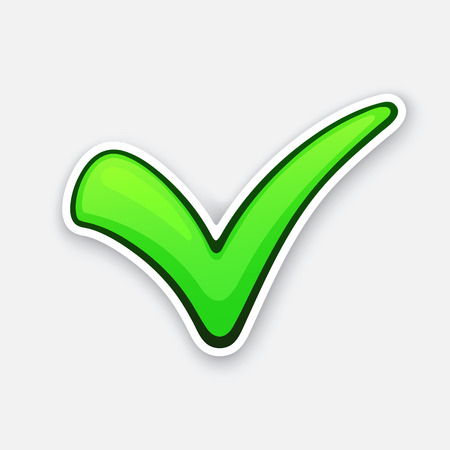 Vector illustration. Green check mark for indicate right choice. Symbol of verified, correct or approved choice. Sticker with contour. Vote and accept button. Yes sign. Isolated on white backgroundのイラスト素材