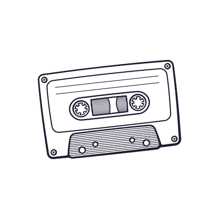 Vector illustration. Hand drawn doodle of Retro audio cassette. Analog media for recording and listening to stereo music. Old-fashioned tape cassette. Cartoon sketch. Isolated on white backgroundのイラスト素材