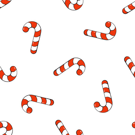 Seamless vector illustration. Pattern with falling candy canes on white background. Santas stripes cane. Sweet holiday food. Tradition New Year dessert. Drawing with contourのイラスト素材
